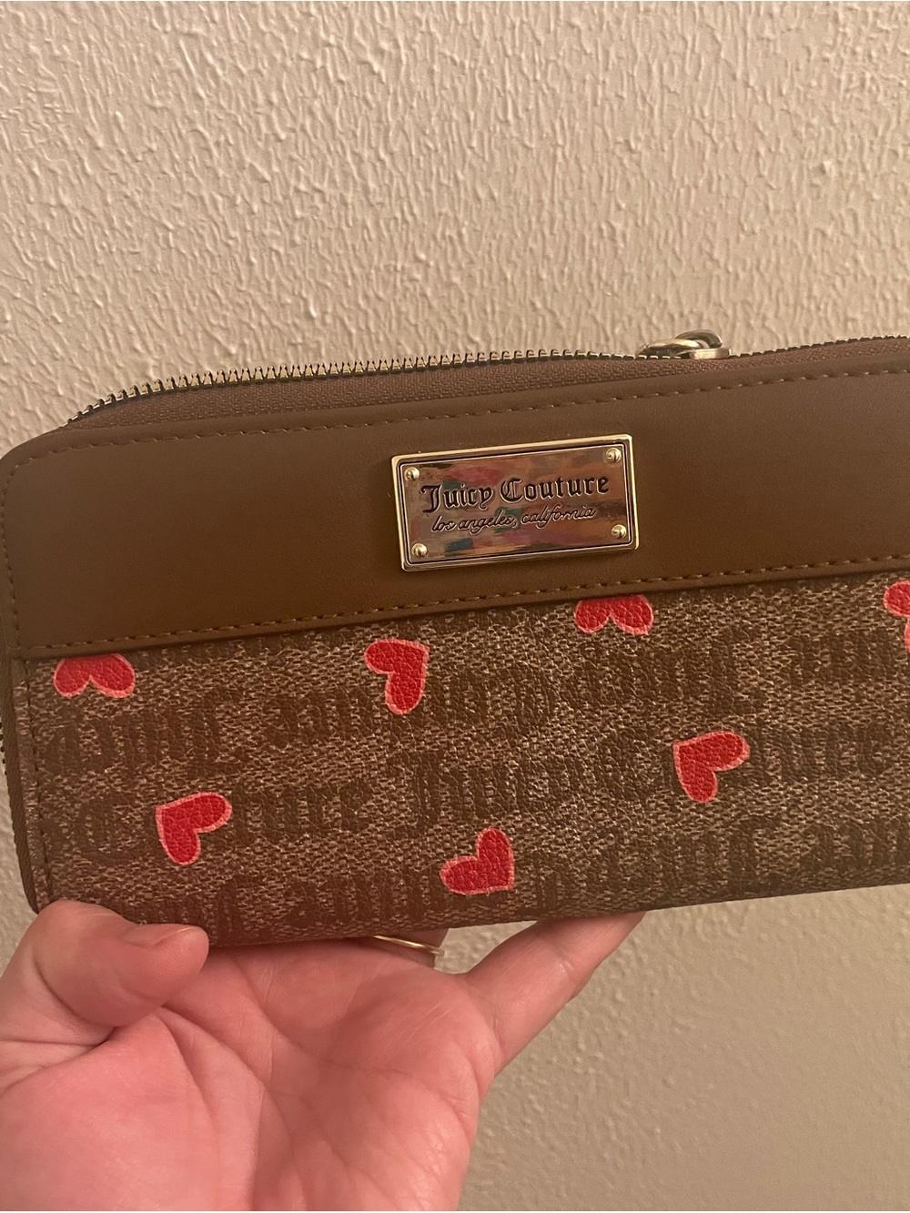 Juicy Couture Brown Monogram Wallet with Red Heart Accents